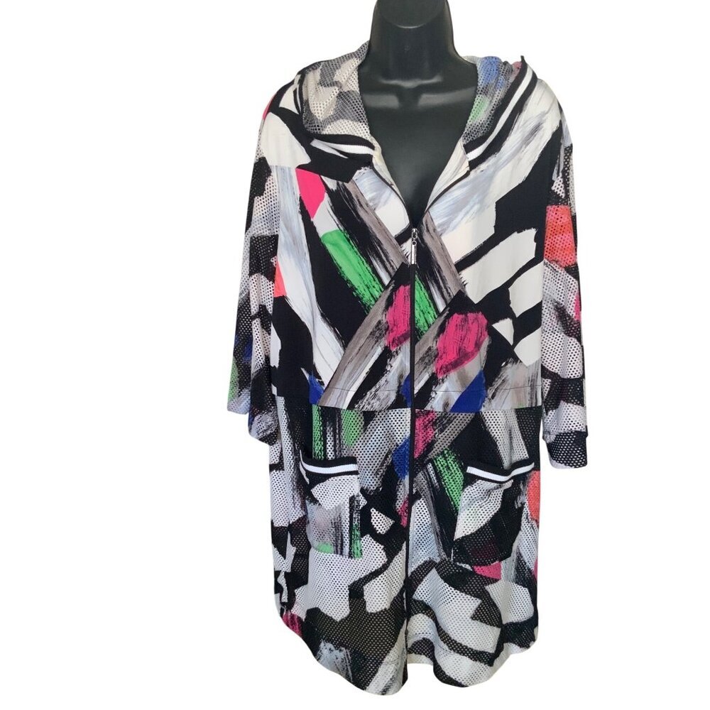 Joseph Ribkoff  artsy Abstract Print Hooded Jacket With Zipper Front Front Pocke